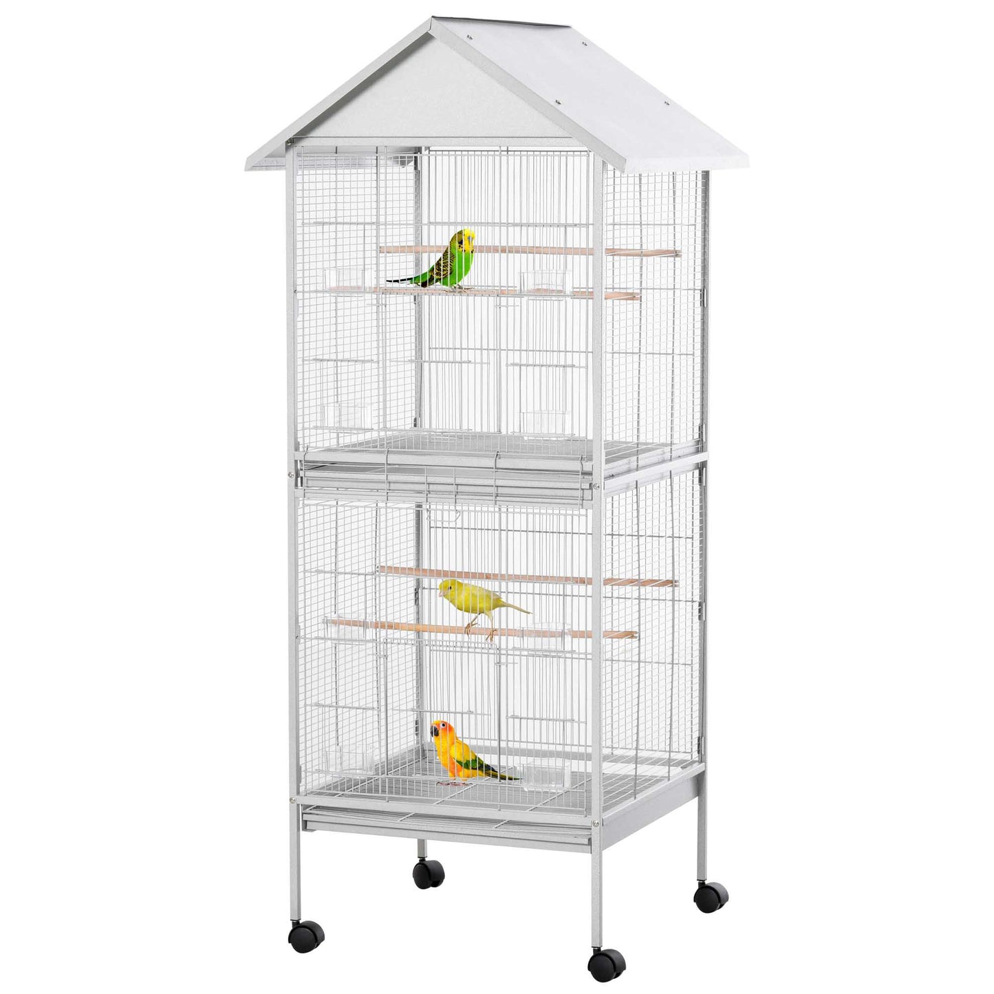 PawHut 170cm Metal Bird Cage Parrot Cage Mobile Feeder with Rolling Stand Perches Food Containers Doors Wheels White