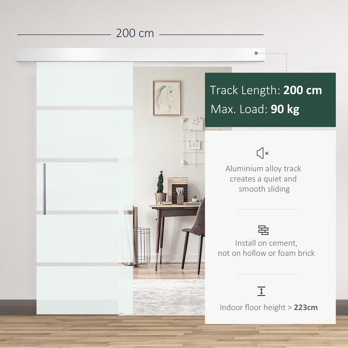 HOMCOM Sliding Barn Door Hardware Track Kit, Tempered Glass Door