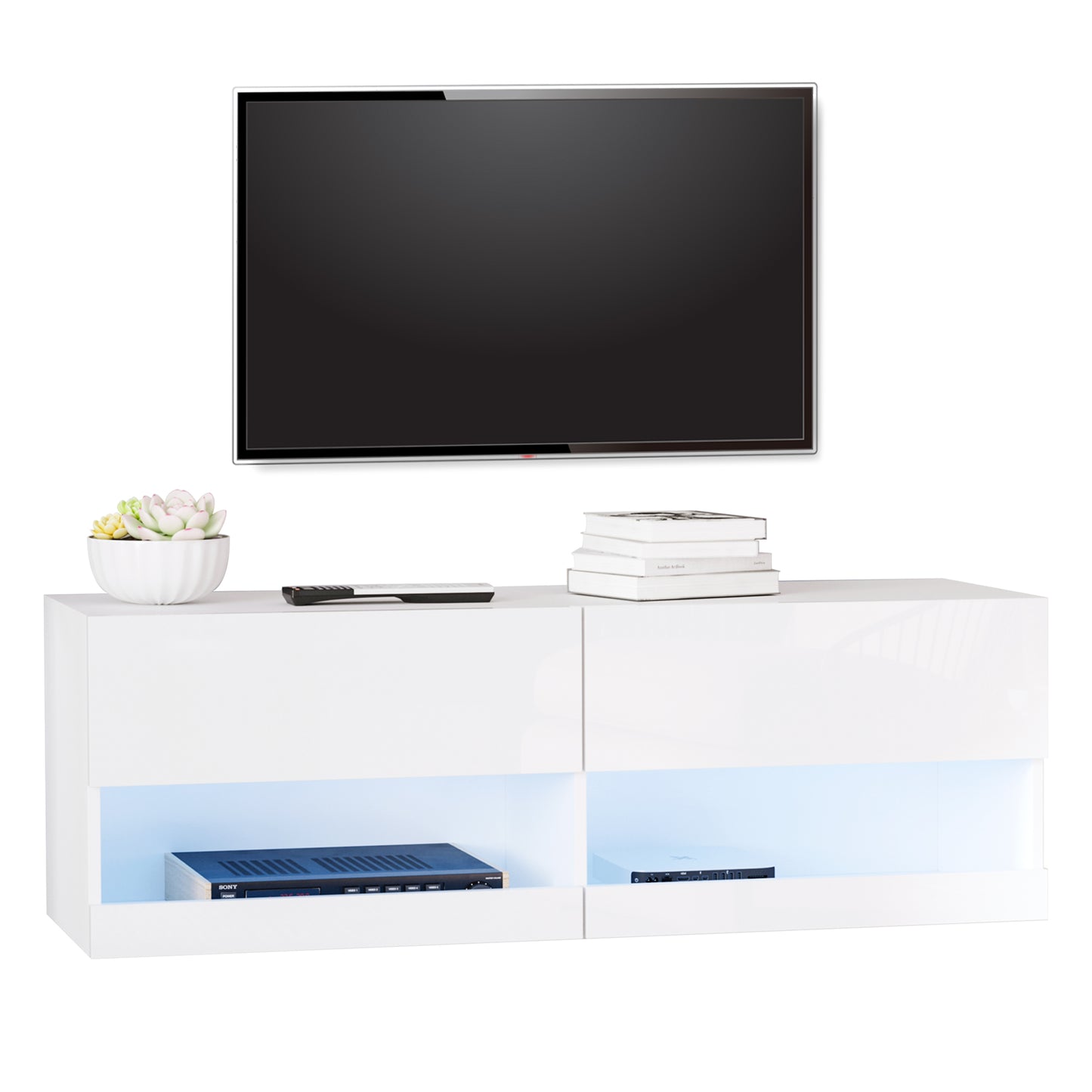 HOMCOM Wall Mount TV Stand Entertainment Center W/ LED Lights, Storage & Cable Holes