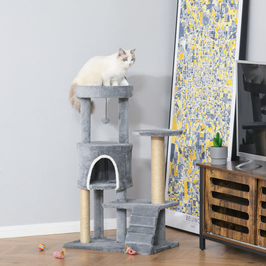 PawHut 100cm Cat Tree Condon with Climbing Ladder Scratching Post Ball, Light Grey