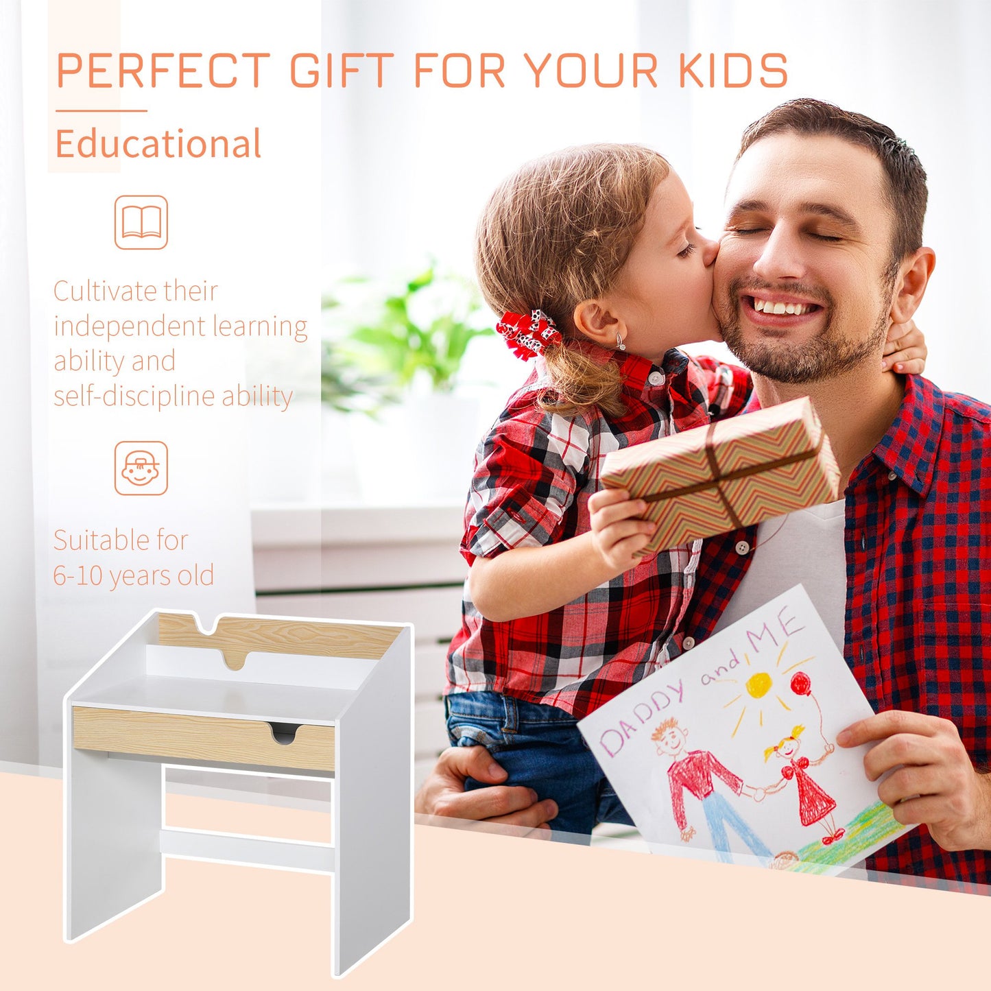 HOMCOM Kids Wooden Writing Study Desk with Drawer Book Storage Layer White and Natural