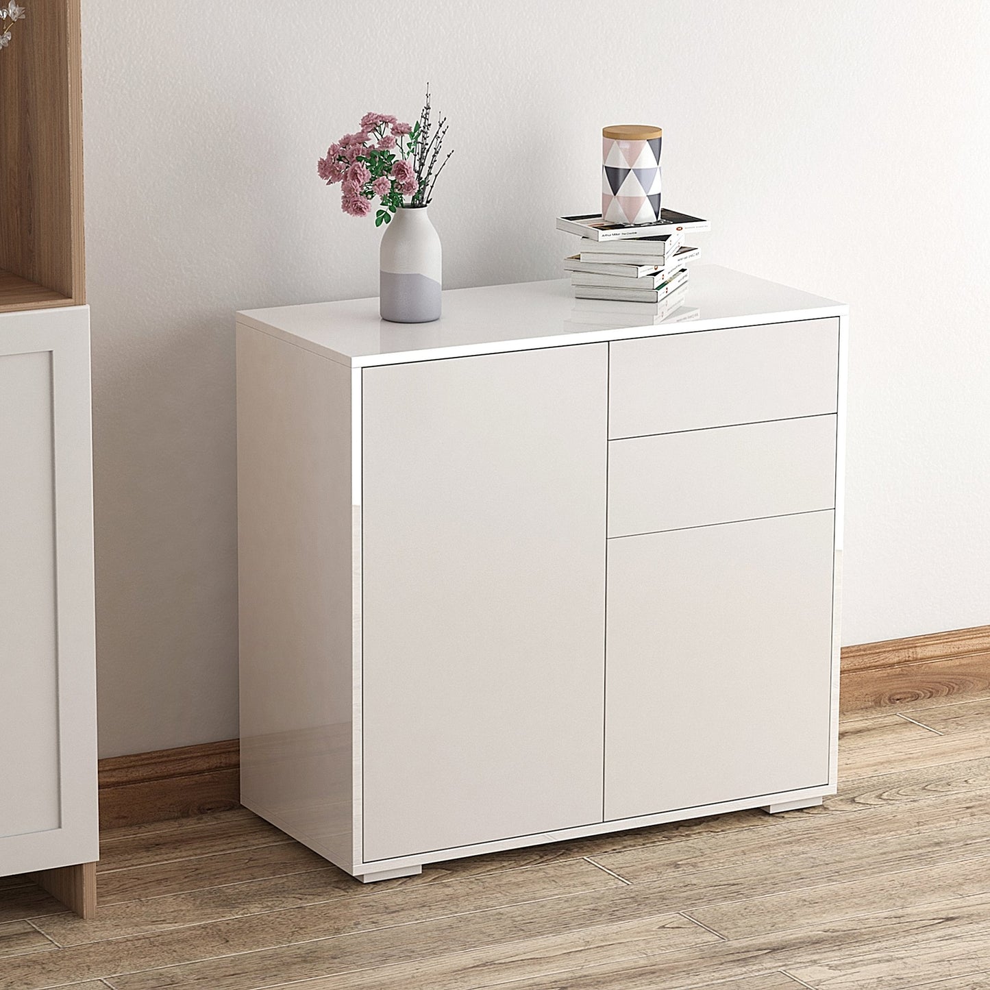 HOMCOM Push-Open Cabinet with 2 Drawer 2 Door Storage Cabinet for Home Office White