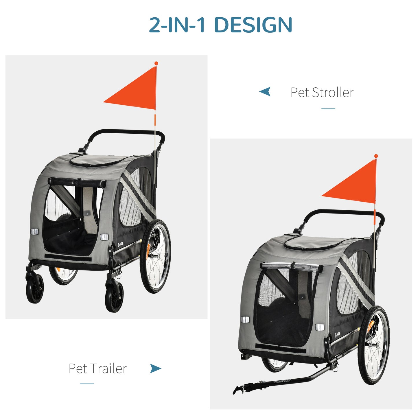 PawHut 2-In-1 Dog Bike Trailer Pet Stroller with Universal Wheel Reflector Flag Grey