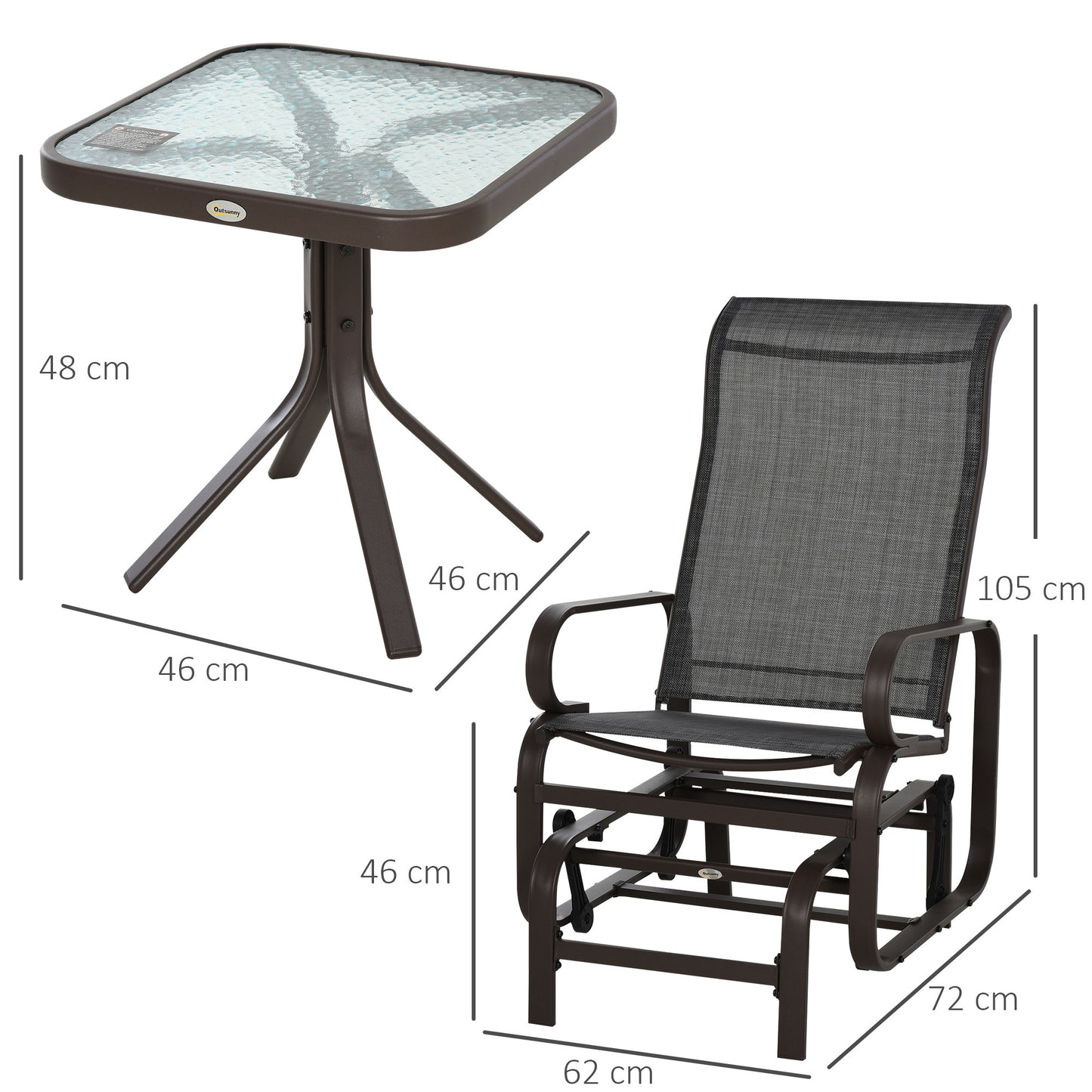 Outsunny Metal Frame Outdoor Textilene Rocking Chair Set w/ Tea Table Brown