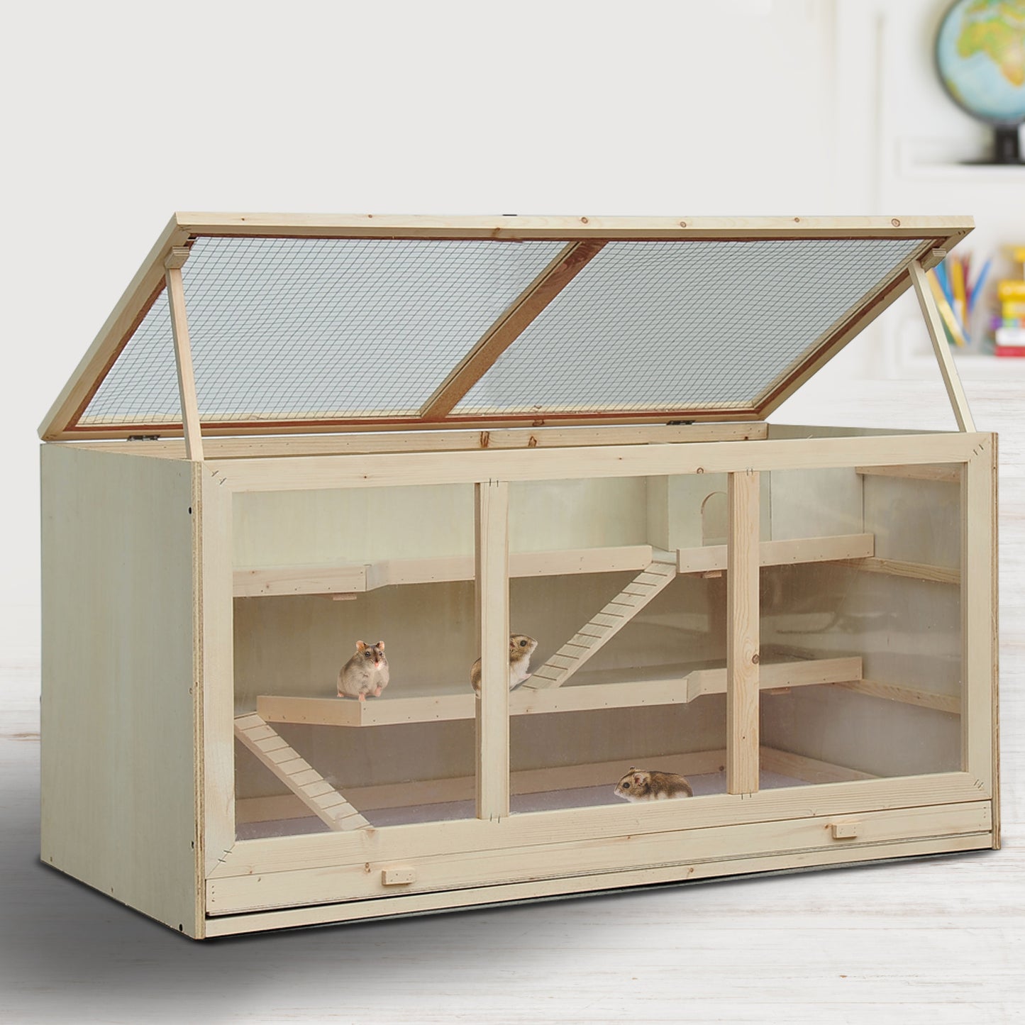 PawHut Hamster Cage, 115Lx60Wx58H cm, Fir, PVC-Natural Wood Colour