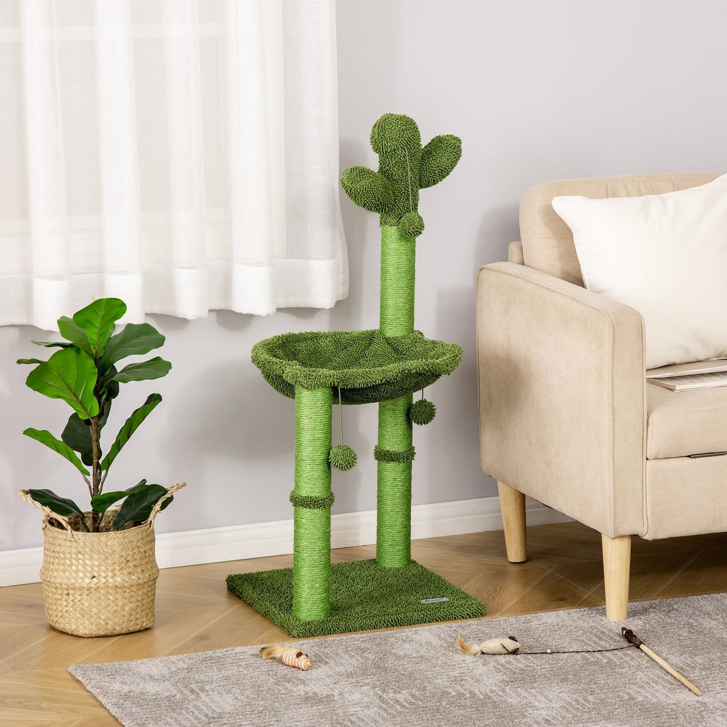 PawHut Cat Tree Tower Cactus Shape w/ Scratching Post Hammock Bed Ball Kitten Toy