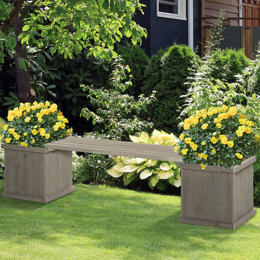 Outsunny Wooden Garden Planter & Bench Combination Garden Raised Bed Patio Park Grey