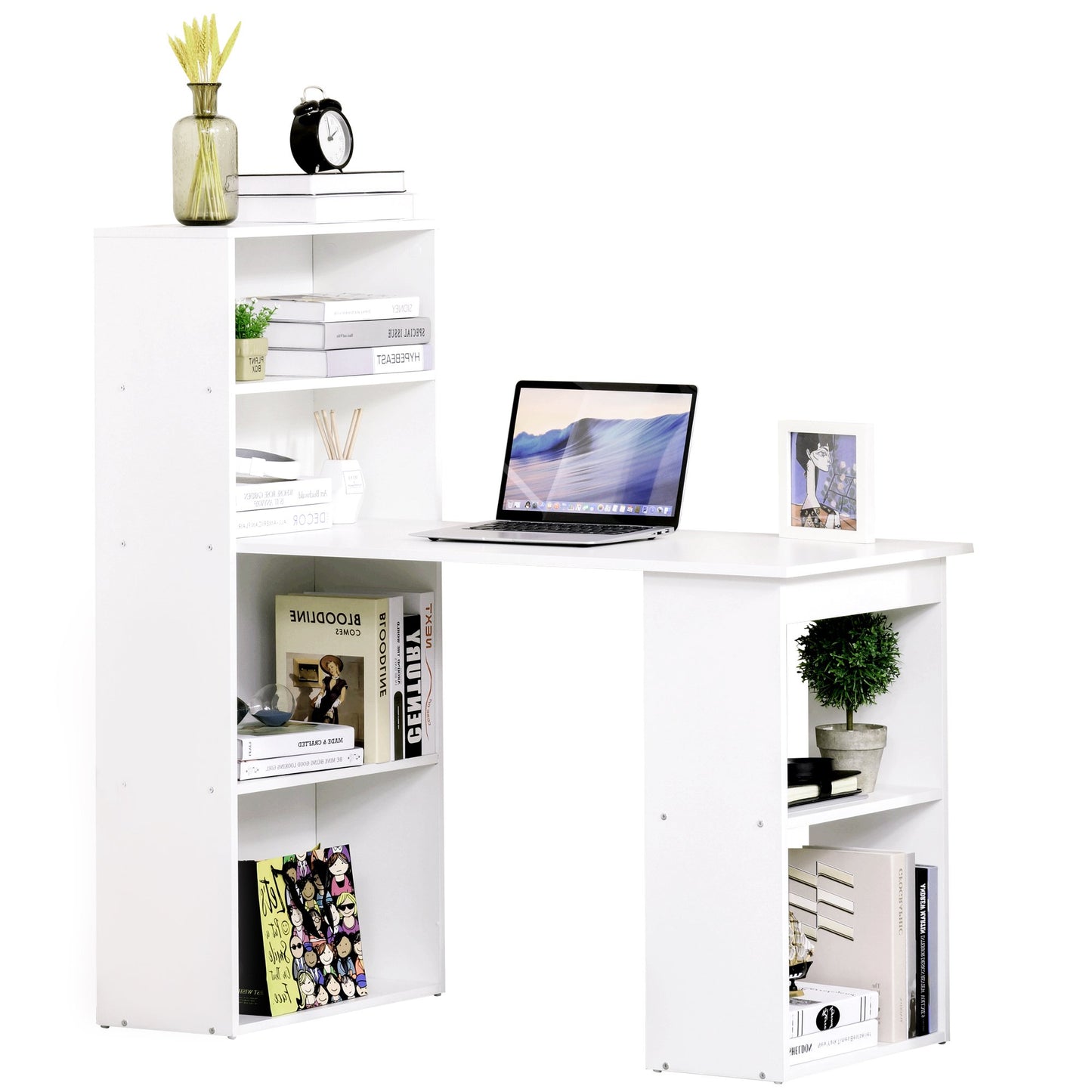 HOMCOM Modern Compact Computer Desk with 6-Tier Storage Shelves Combo, Writing Table Workstation with Bookshelf for Home Office-White