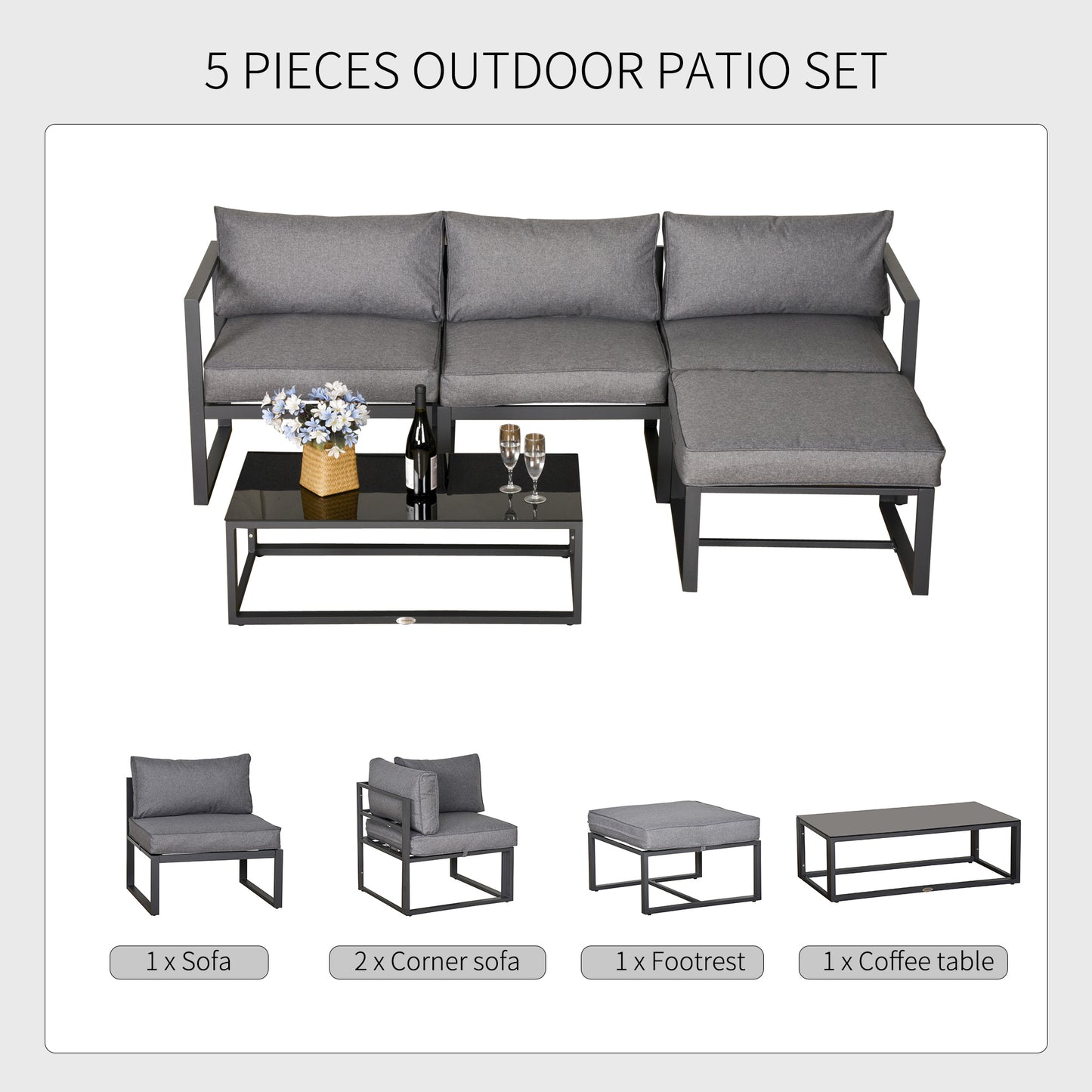 Outsunny 5 Pieces Outdoor Patio Furniture Set with Glass End Table Padded Cushion Grey