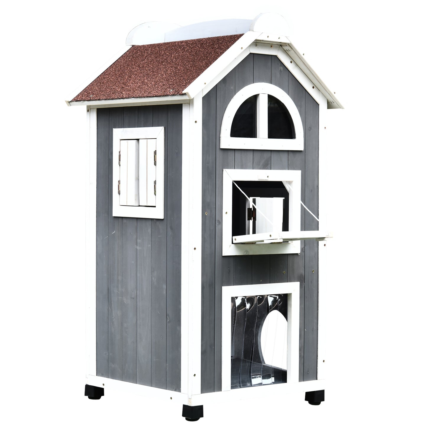 PawHut 59L x 55W x 109H cm Solid Wood Cat Condo Furniture 2-Floor Pet Shelter Grey & White