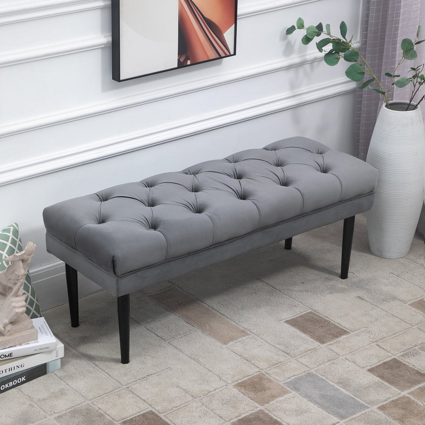 HOMCOM Bed End Bench Button Tufted Accent Bench for Living Room Bedroom Hallway Grey