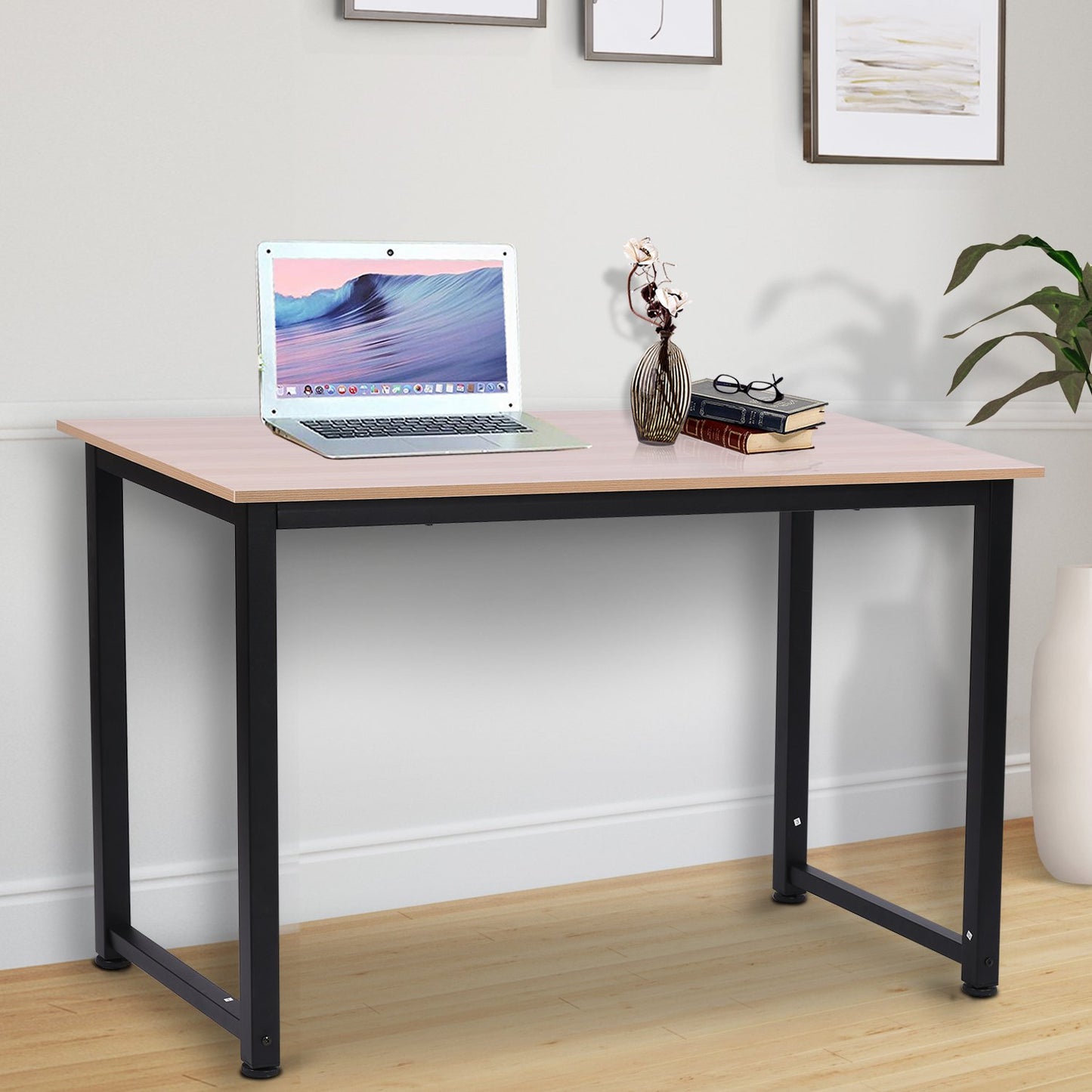 HOMCOM Computer Desk W/ Black Metal Frame MDF, 120W x 60D x 76Hcm-Oak Grain Tone