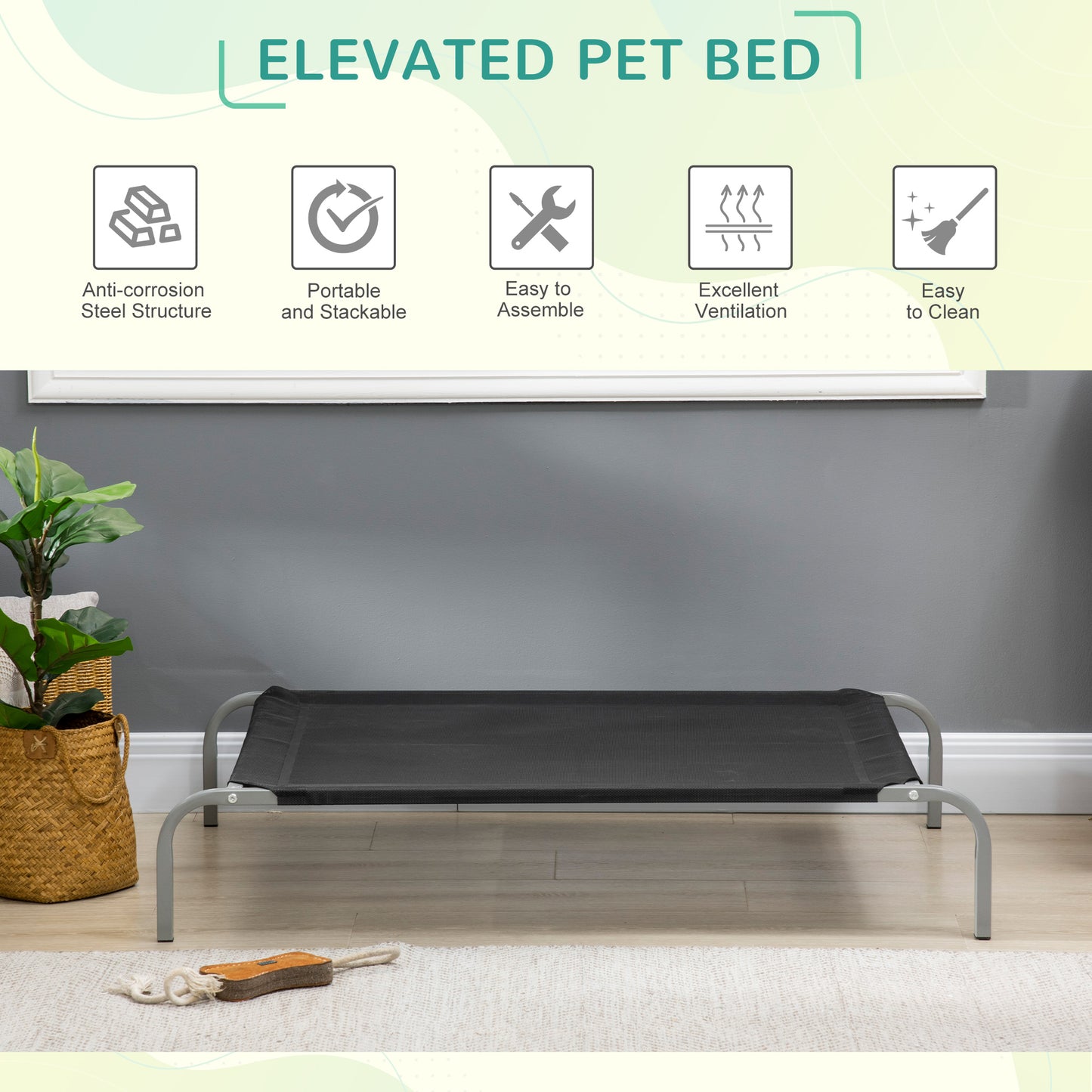 PawHut Elevated Pet Bed Cooling Raised Cot-Style Bed for Large Medium Sized Dogs with Non-slip Pads Black