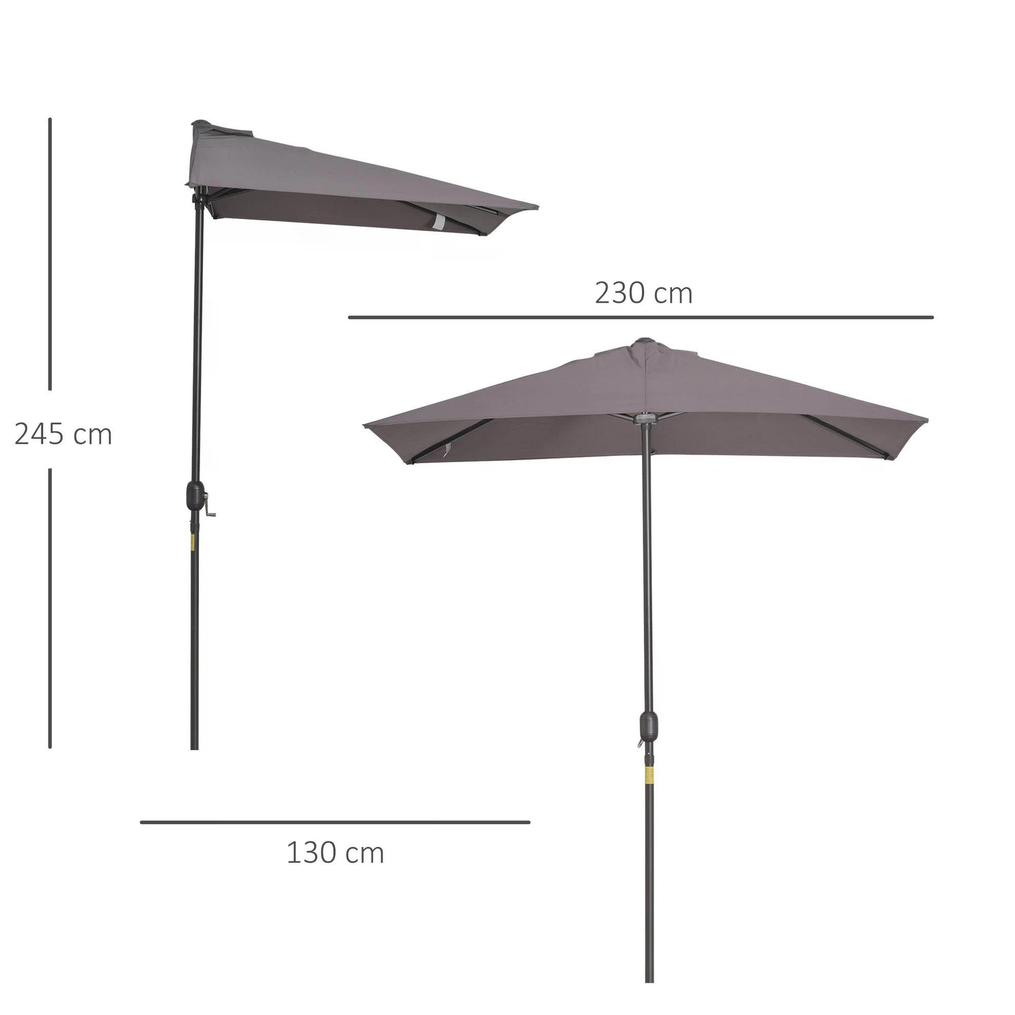 Outsunny 2.3m Half Round Parasol Umbrella Balcony Sun Shade Metal Grey