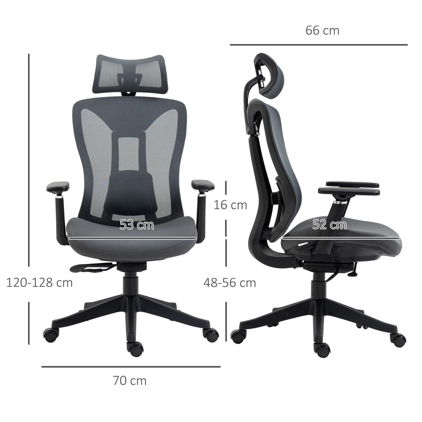Vinsetto Mesh Office Chair Ergonomic Desk Chair Computer Chair with Adjustable Headrest and Lumbar Support 135° Reclining Back and 3D Armrest for Home Office Study Grey
