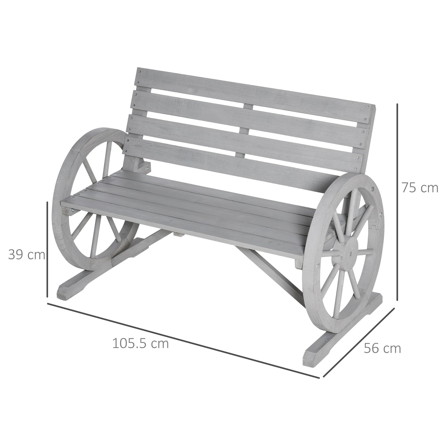 Outsunny Wooden Cart Wagon Wheel 2 Seater Garden Bench Outdoor Garden Armrest Chair Rustic High Back Loveseat Grey