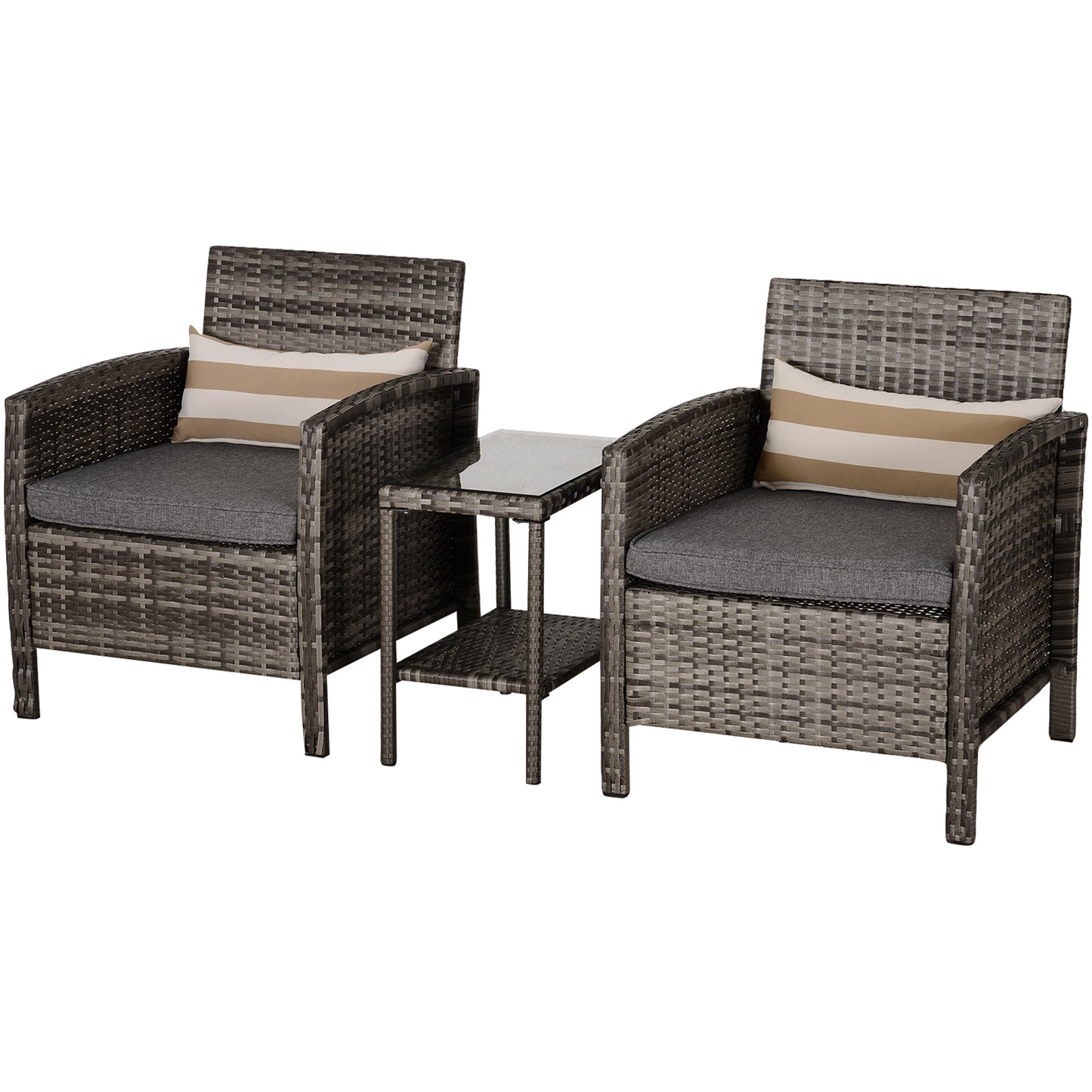 Outsunny 2-Seater PE Rattan Side Table & Armchair Set w/ Pillows Grey