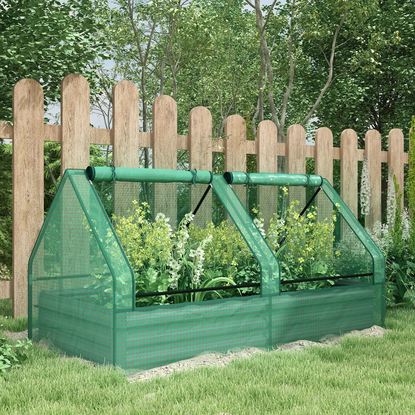 Outsunny Metal Planter Box with Cover Raised Garden Bed with Greenhouse for Herbs and Vegetables Green and Dark Grey