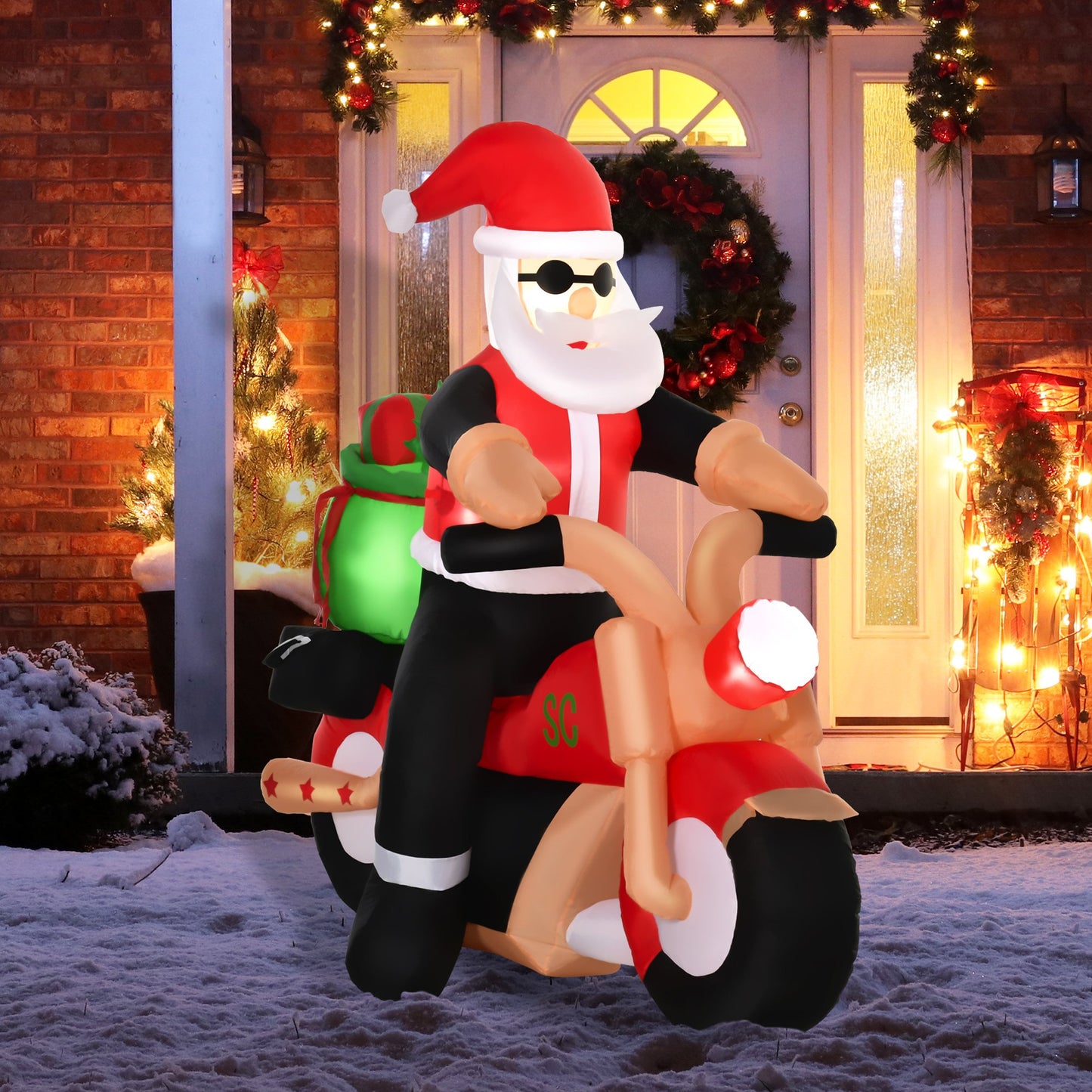 HOMCOM 5.5ft Inflatable Santa Claus Riding Motorcycle Christmas Decoration w/ LED Light