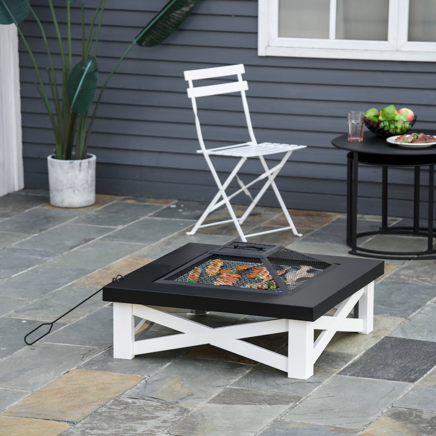 Outsunny Square Garden Fire Pit Square Table w/ Grill Shelf Poker Mesh Cover Grate 86cm