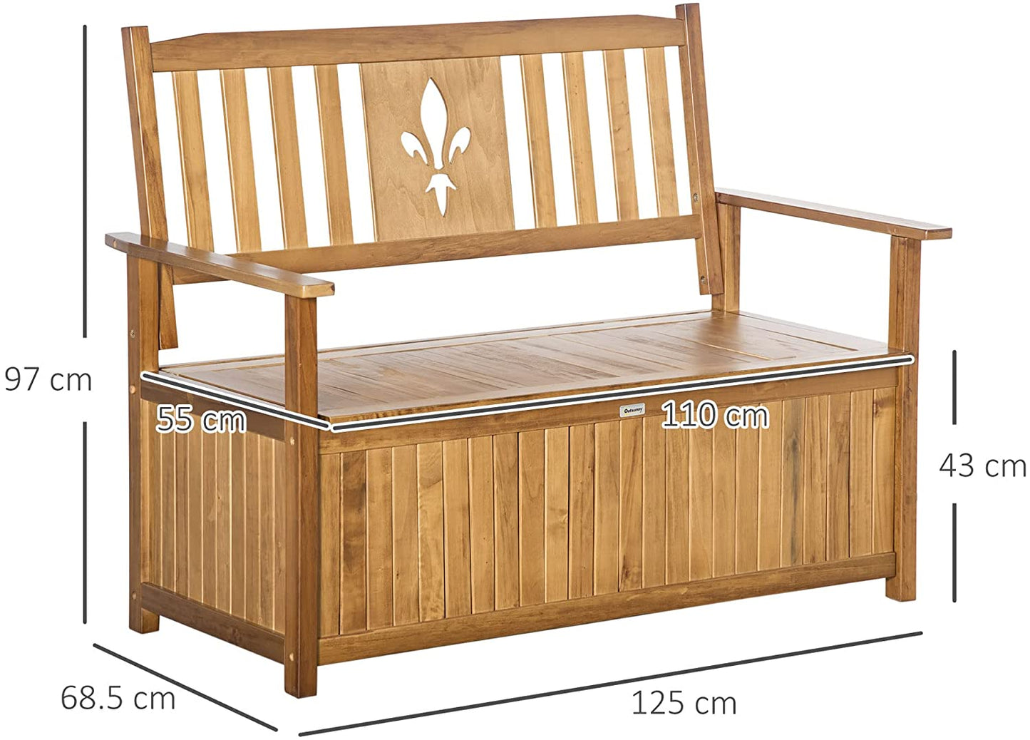 Outsunny 2 Seater Wood Garden Storage Bench, Outdoor Storage Box, Patio Seating Furniture, 125 x 68.5 x 97cm, Natural