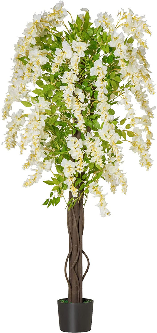 HOMCOM Artificial Realistic White Wisteria Tree Faux Decorative Plant in Nursery Pot for Indoor Outdoor Décor, 160cm