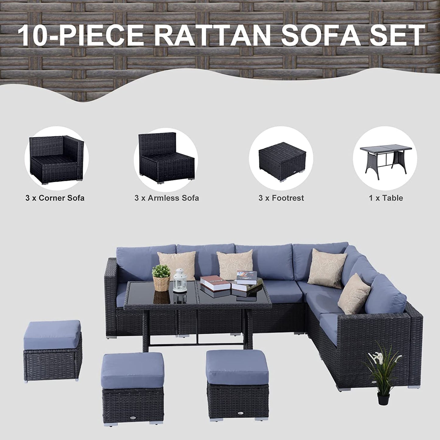 Outsunny 10 Pcs Rattan Sofa Set-Grey/Dusty Blue Cushion