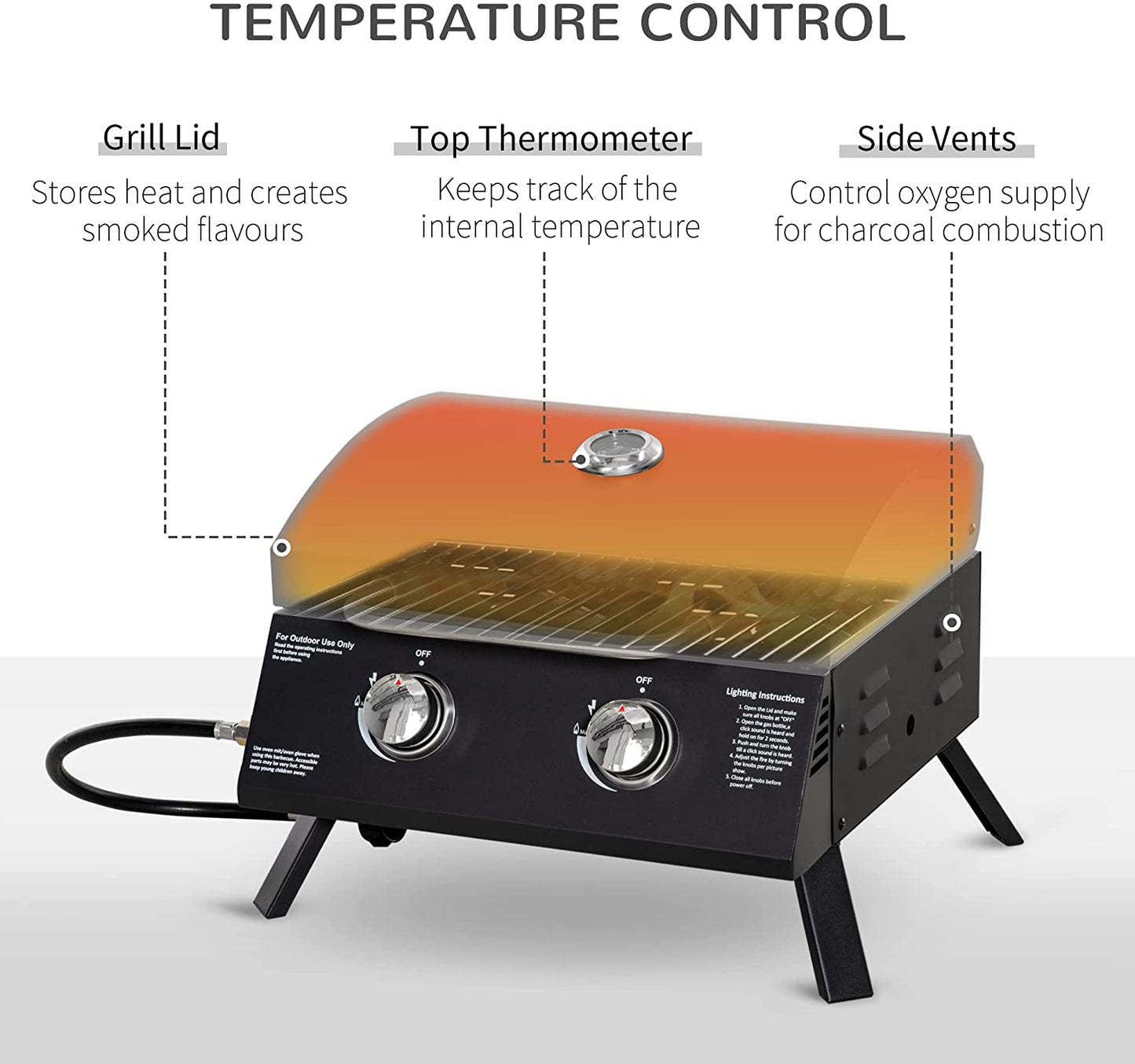 Outsunny 2 Burner Gas BBQ Grill Outdoor Portable Folding Tabletop Barbecue w/ Lid, Thermometer, Carbon Steel, Black