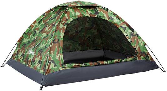 Outsunny 2 Person Camping Tent, Camouflage Tent with Zipped Doors, Storage Pocket, Portable Handy Bag, Multicoloured