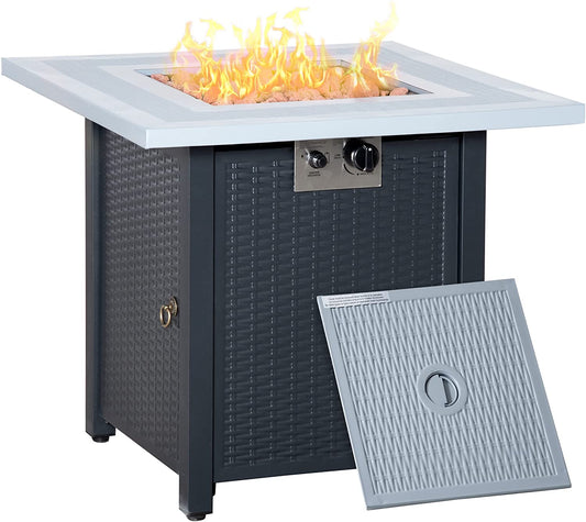 Outsunny Square Propane Gas Fire Pit Table, 40000 BTU Rattan Smokeless Firepit Patio Heater with Lava Rocks and Lid, 71cm x 71cm x 62cm, Black