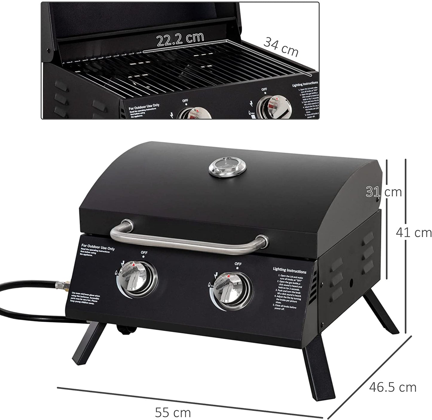 Outsunny 2 Burner Gas BBQ Grill Outdoor Portable Folding Tabletop Barbecue w/ Lid, Thermometer, Carbon Steel, Black