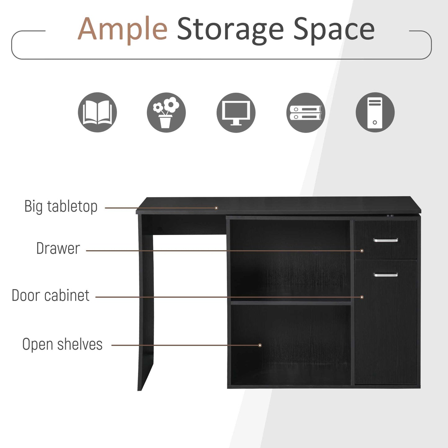 HOMCOM L-Shaped Desk Computer Corner Desk, Dining Table with Storage Shelf and Drawer, Workstation for Home Office, Black