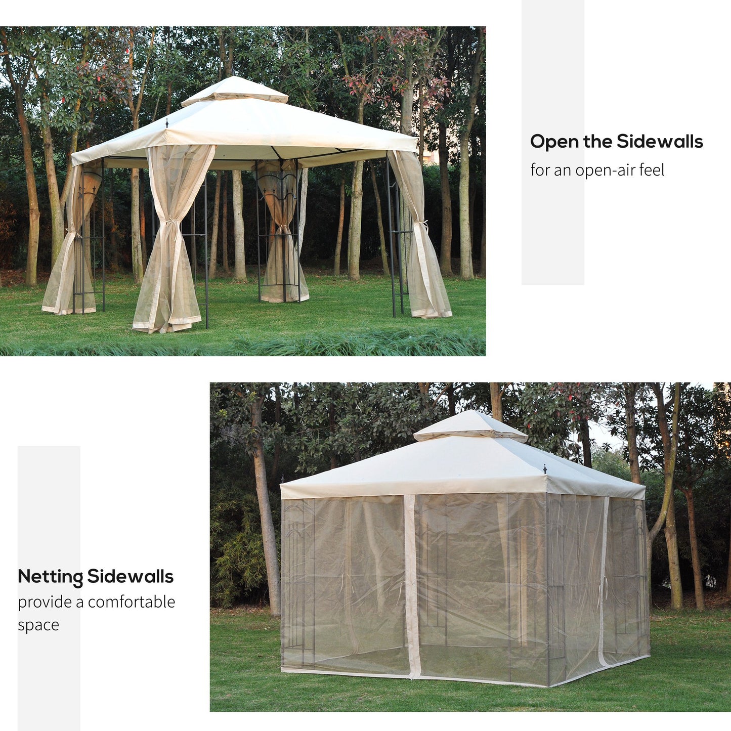 Outsunny 300cmX300cm Garden Gazebo Double Top Gazebo Canopy w/ Mesh Curtain Beige