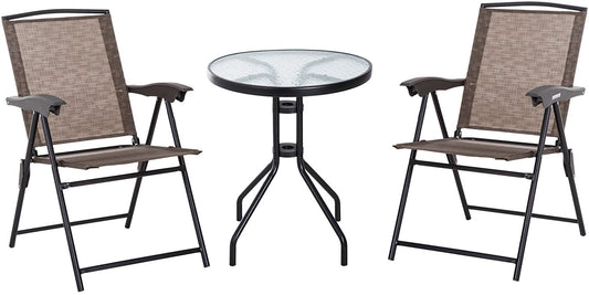 Outsunny 3 Pcs Outdoor Portable Garden Furniture Set, Steel, Sling Fabric-Brown