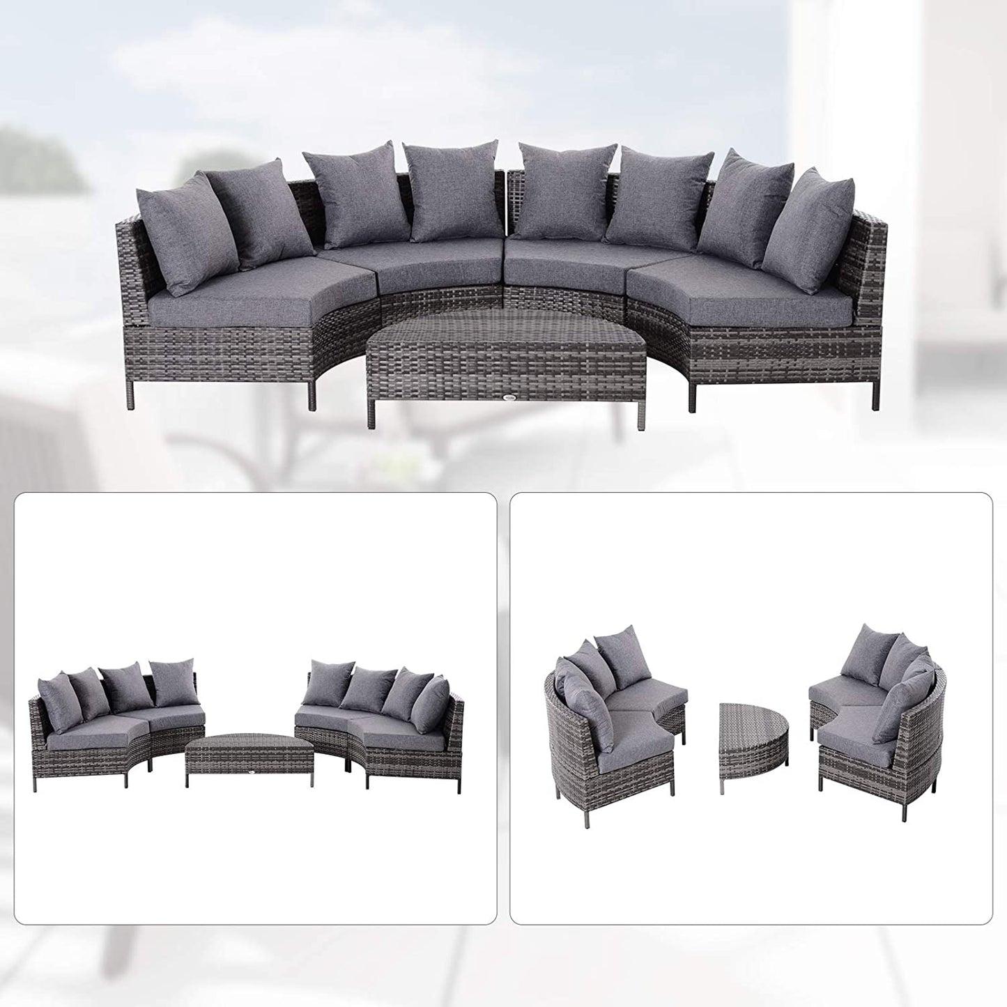 Outsunny 4-Seater Half Moon Shaped Rattan Outdoor Garden Furniture Set