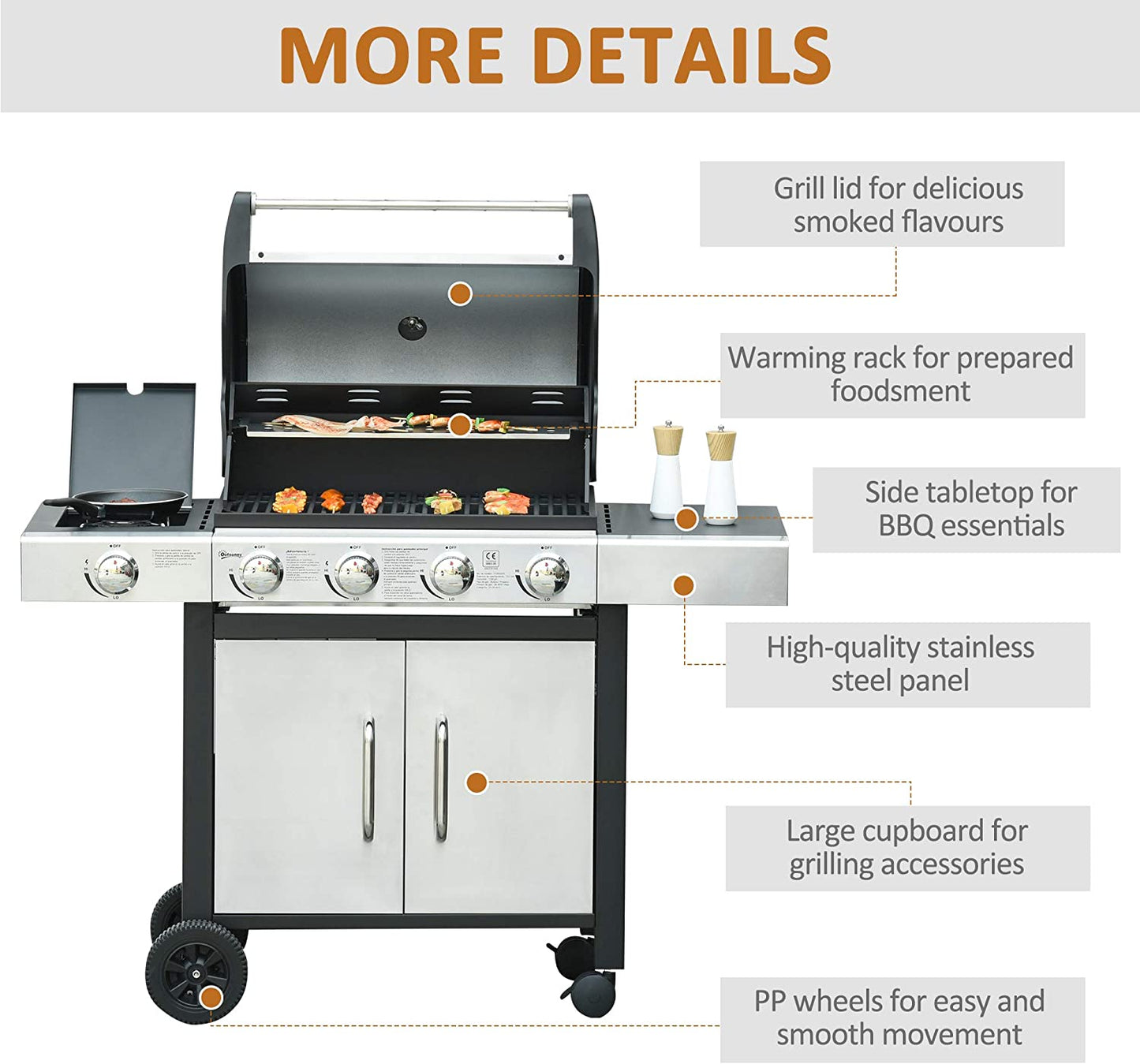 Outsunny Gas Barbecue Grill Deluxe 4+1 Burner Garden BBQ Large Cooking Area Side Burner