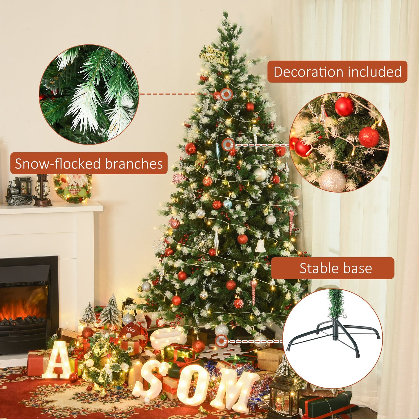 HOMCOM 1.8m Snowy Artificial Christmas Tree w/ Red Berries