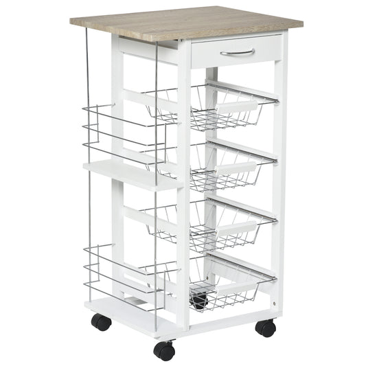 HOMCOM Multi-Use Kitchen Island Trolley w/ 4 Baskets 2 Side Racks Drawer Worktop White
