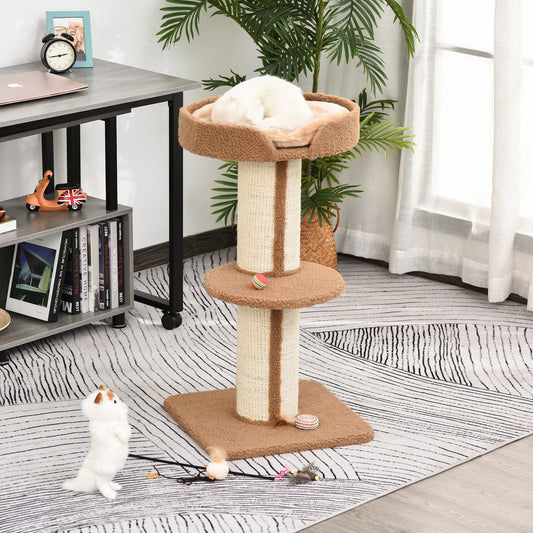 PawHut Cats 2-Tier Scratching Tree w/ Bed Brown