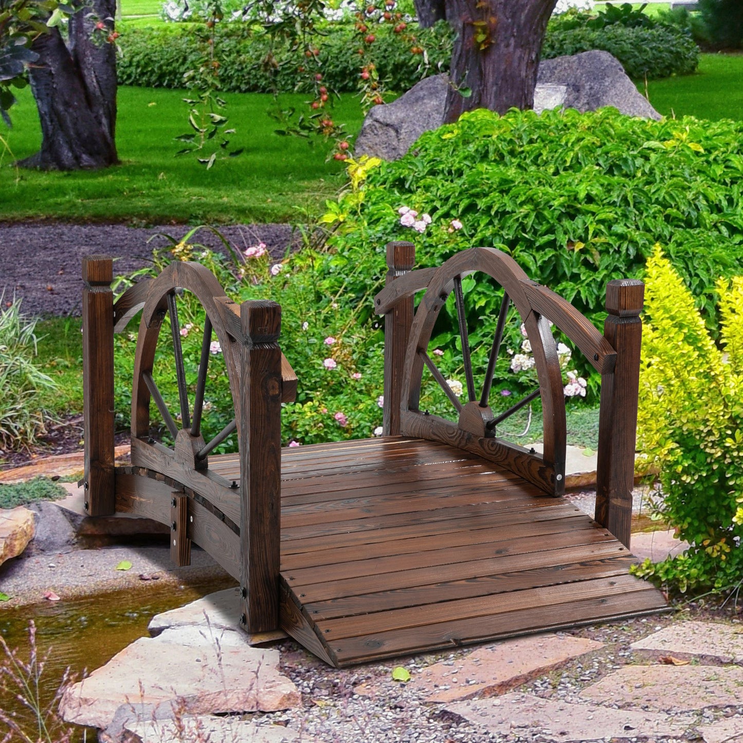 Outsunny Wooden Garden Bridge Decorative Arc Footbridge w/ Safety Guardrail Stained Wood