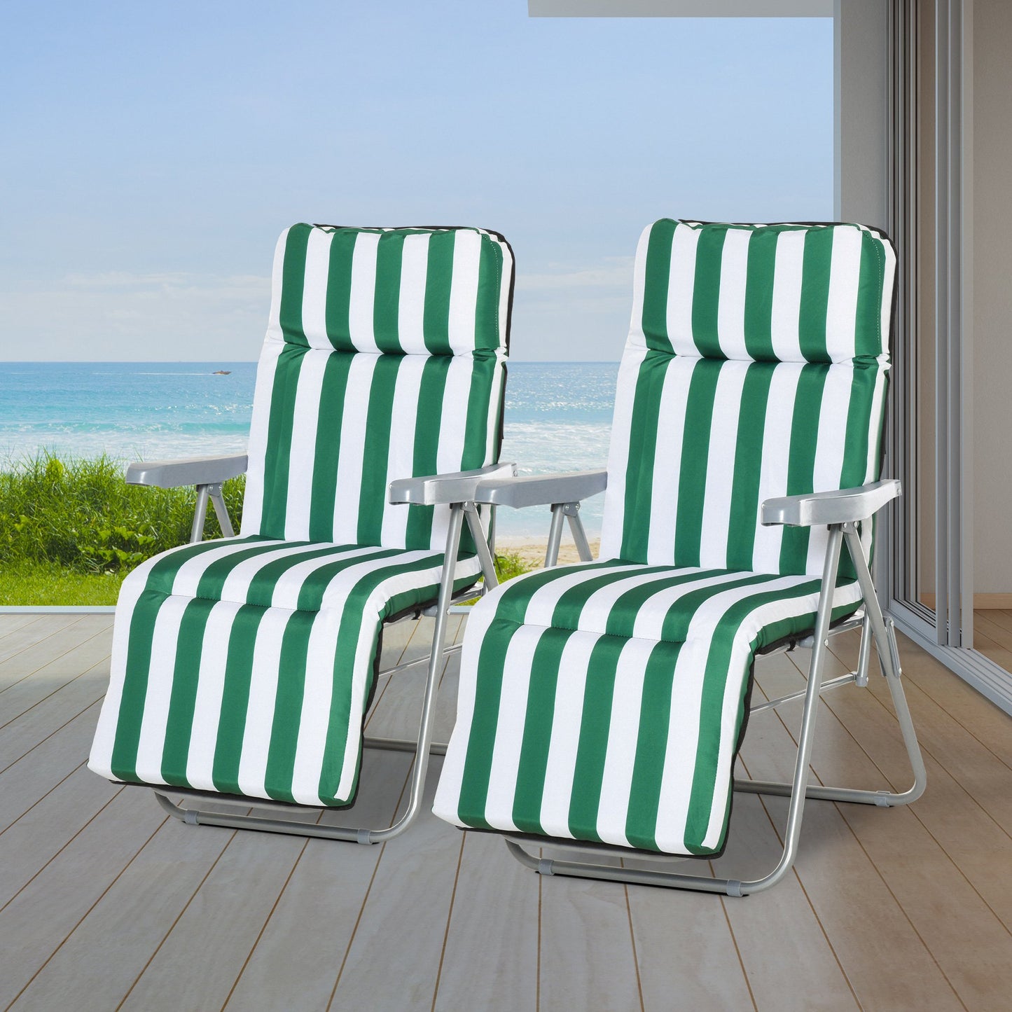 Outsunny 2 Pc Folding Sun Reclining Chairs W/ Cushions Set-Green/White