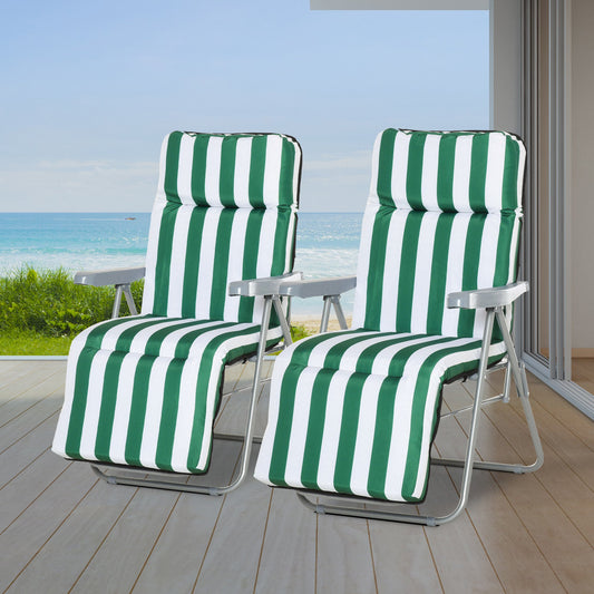 Outsunny 2 Pc Folding Sun Reclining Chairs W/ Cushions Set-Green/White