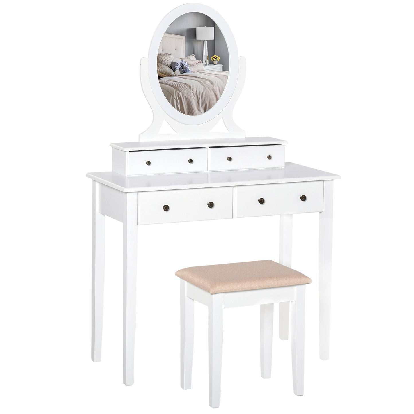 HOMCOM Dressing Table Set with 360° Spin Mirror Cushioned Stool 4 Drawers Makeup Desk