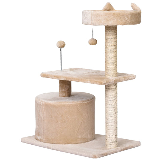 PawHut Cats 3-Tier Sisal Rope Scratching Post w/ Toys Beige