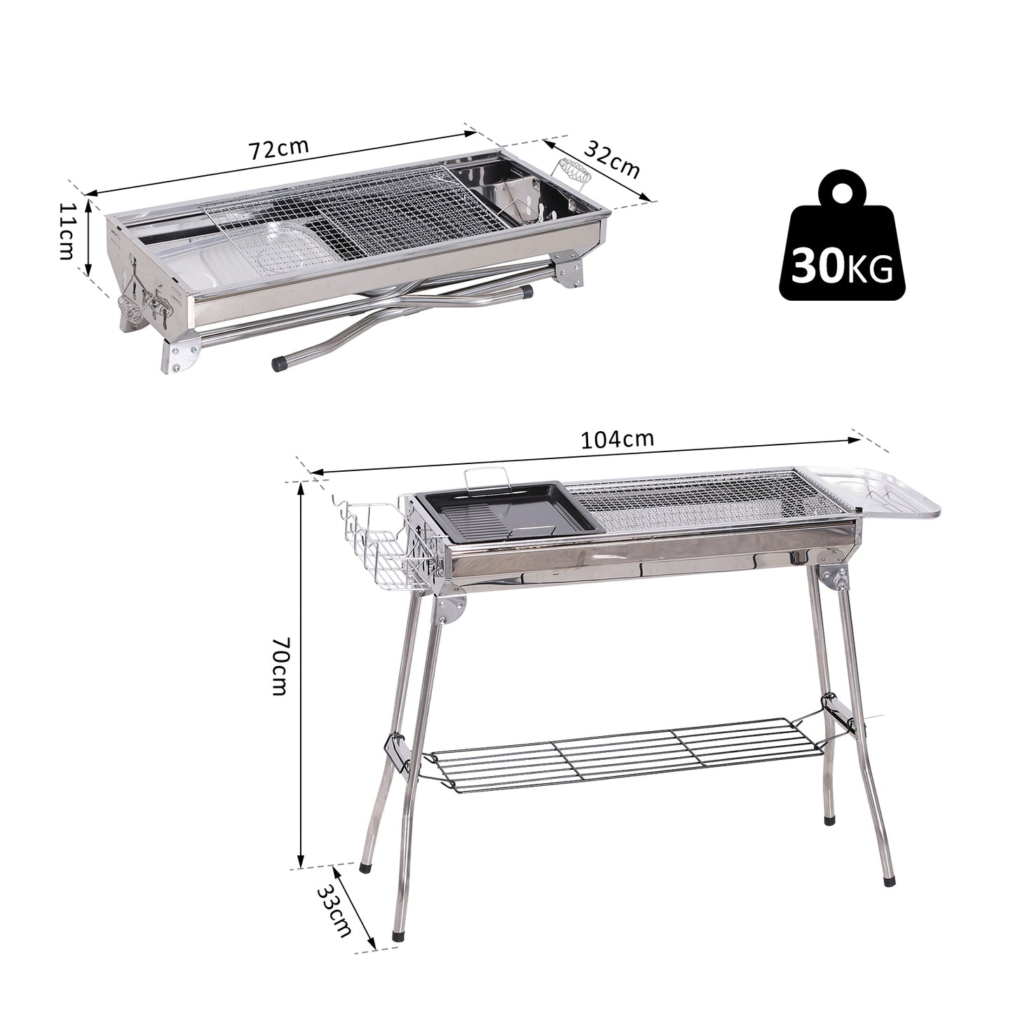 Outsunny Portable Folding Charcoal Grill, 104L x 33W x 70Hcm-Silver