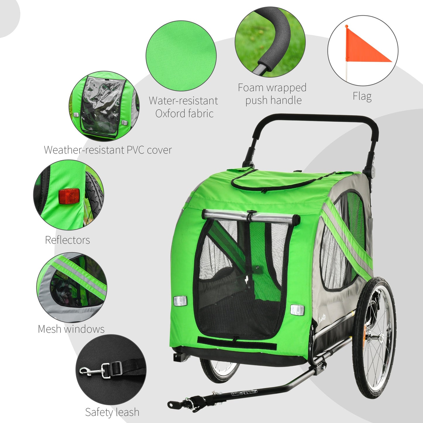 PawHut 2-In-1 Dog Bike Trailer Pet Stroller with Universal Wheel Reflector Flag Green