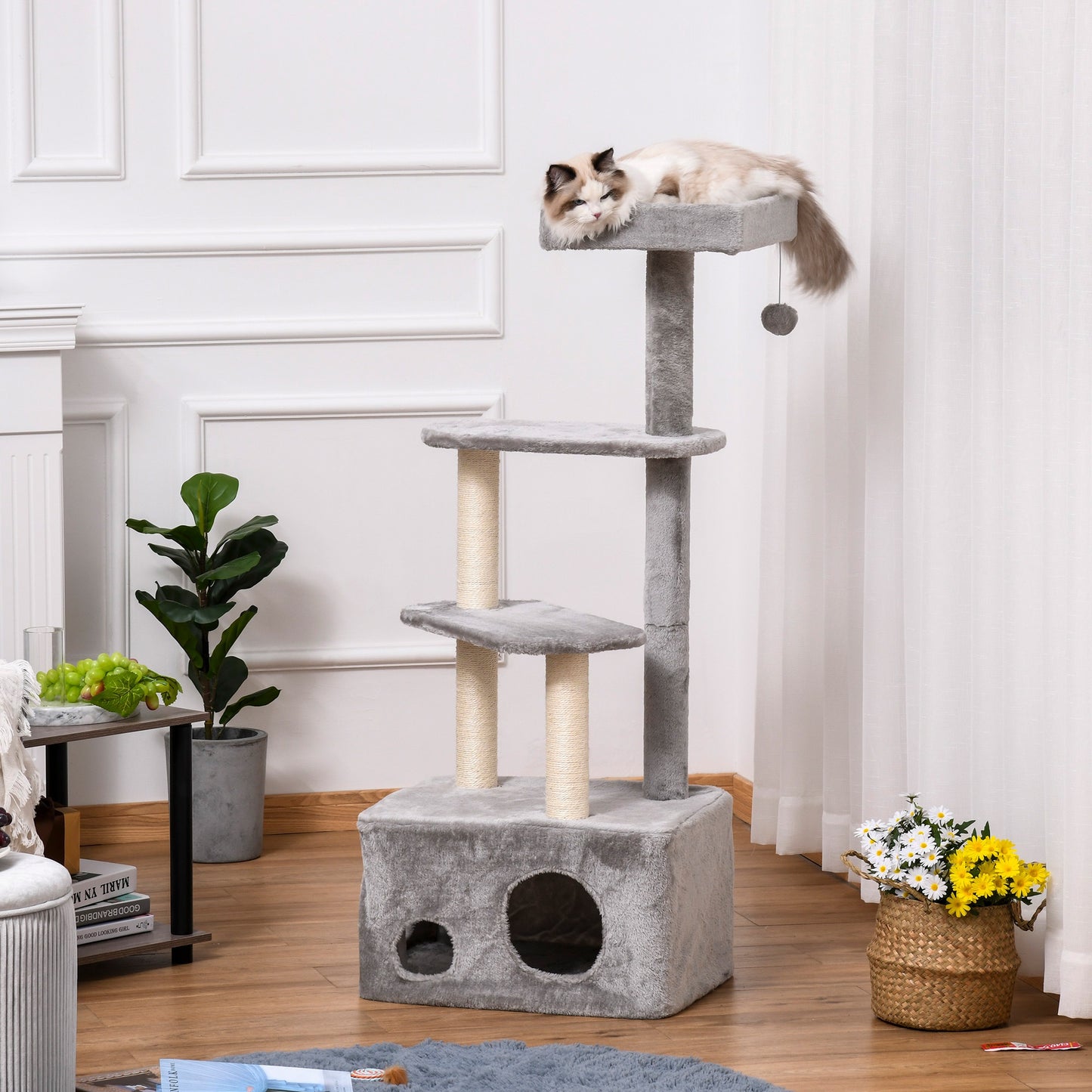 PawHut Cat Tree Kitten Tower w/ Sisal Scratching Post Condo Plush Perches Hanging Ball