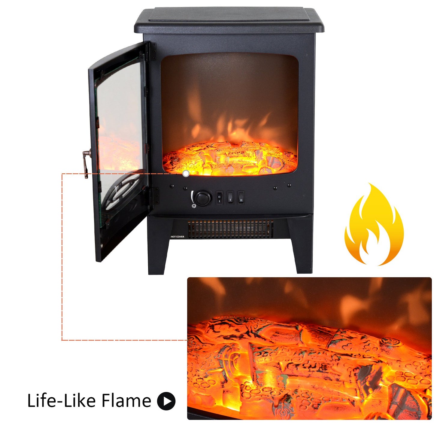 HOMCOM Electric Heater Freestanding Fireplace Artificial Flame Effect w/ Safety Thermostat 950w/1850W