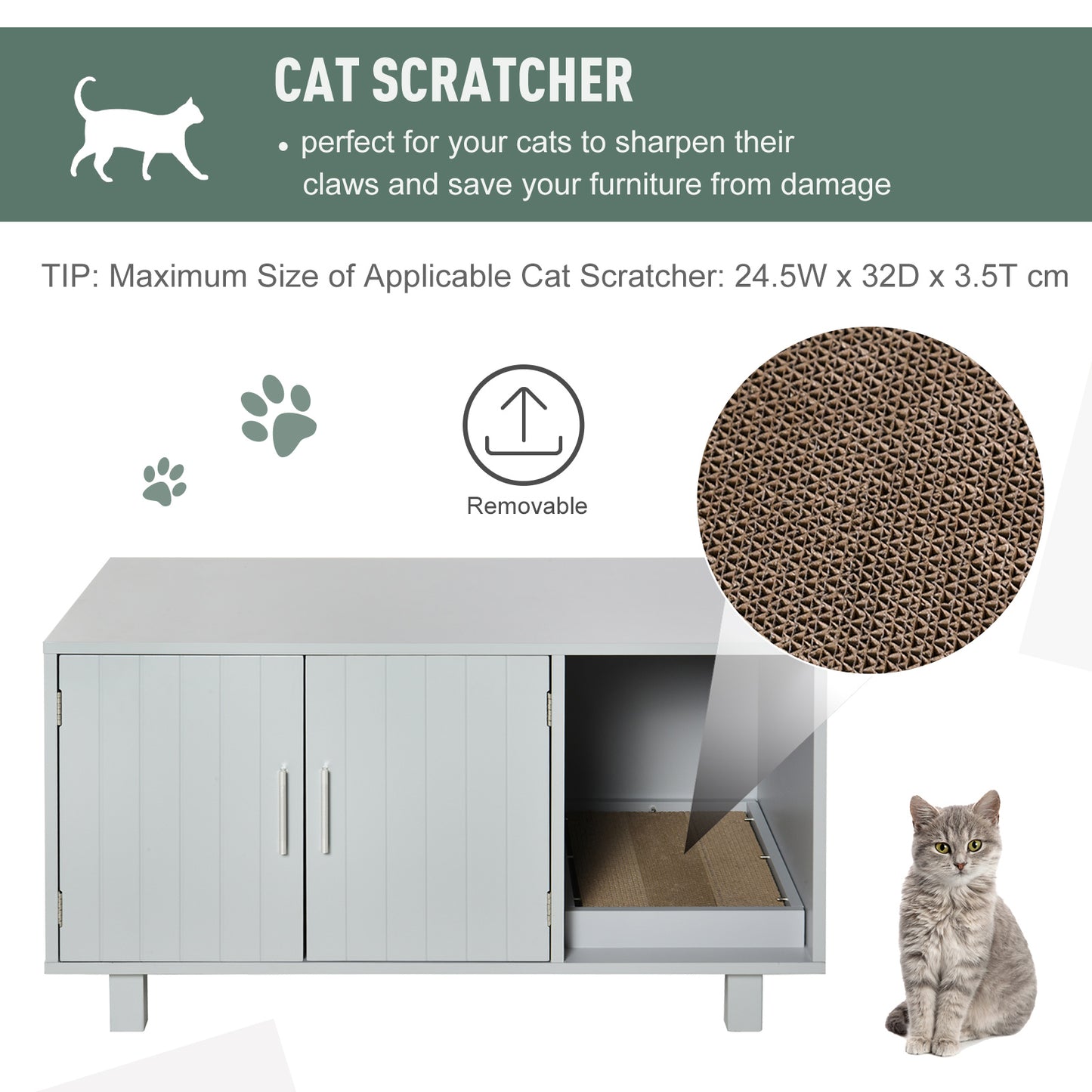 PawHut Indoor Feline Cat Box Furniture Kitty Table w/ Scratch & Magnetic Doors, Grey