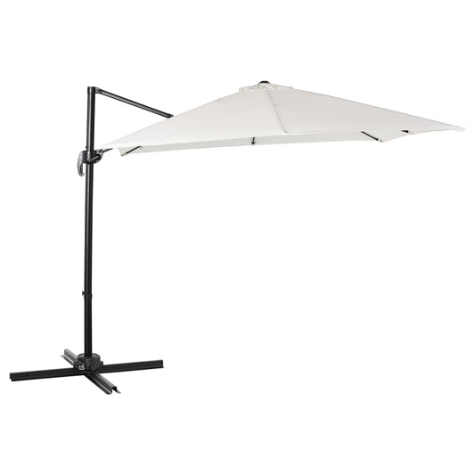 Outsunny 2.7 x 2.7 m Cantilever Parasol, Square Overhanging Umbrella with Cross Base, Crank Handle, Tilt, 360° Rotation and Aluminium Frame, Cream White